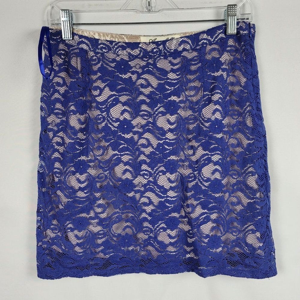 Annabella lace skirt blue lace over champagne satin zip close mini skirt